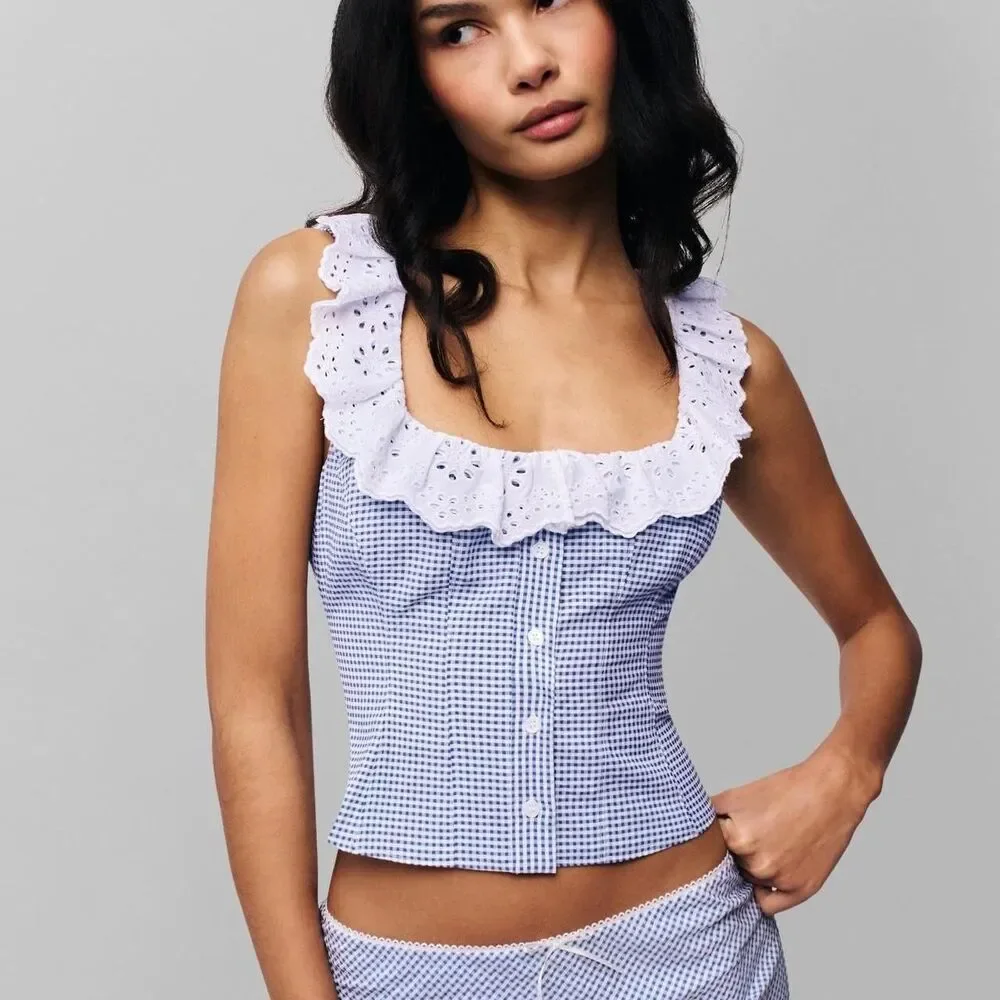 Danielle Guizio blue waffle print Top Skirt Set - Picture 4 of 7